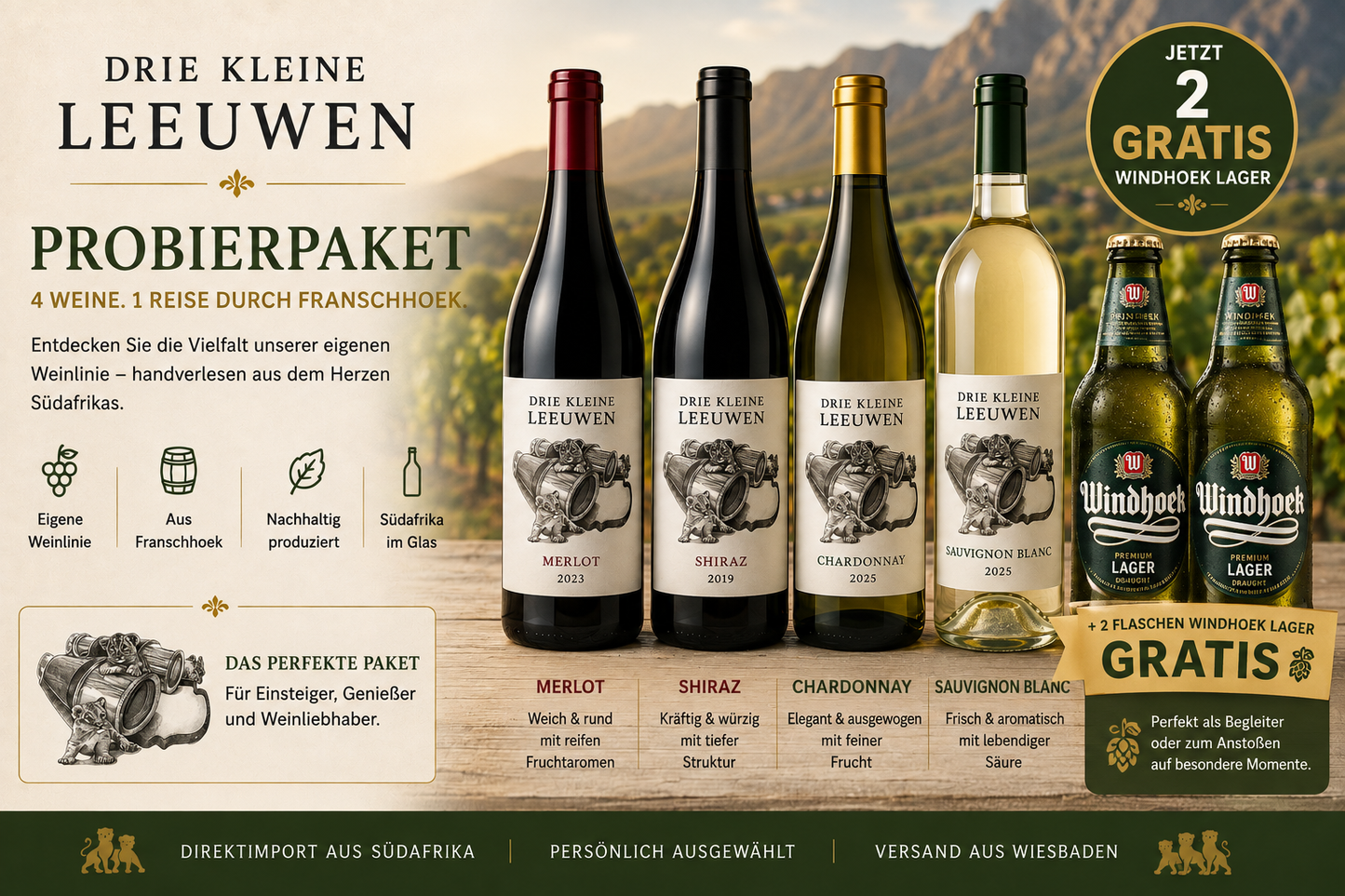 🇿🇦 Drie Kleine Leeuwen Probierpaket 4 Weine aus Franschhoek + 2 Flaschen Windhoek Lager GRATIS